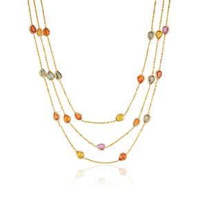 Collier chaîne triple couche tendance en or jaune 18 carats avec pierres précieuses saphir multicolores arc-en-ciel, vente en gros au meilleur prix - Product Image 3