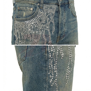 Pantalones Cortos de Mezclilla Desgastados para Hombre con Pedrería, Estilo Casual de Verano, Pierna Recta, Cintura Media, Algodón Tejido - Product Image 4
