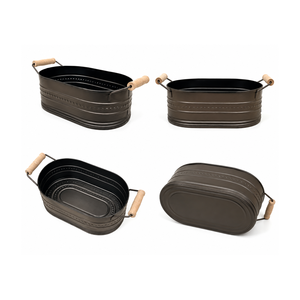 Matte Black Ribbed Oval Galvanized Steel Beverage Tub With Wooden Grips Handles Ribbed Wine <b>Cooler</b> For Party Tableware - Product Image 6