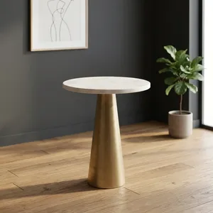 Modern <b>Round</b> White Marble Top Side <b>Table</b> with Brushed <b>Gold</b> Metal Cone Base Contemporary Accent End <b>Table</b> for Living Room Decor - Product Image 6