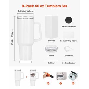 Set da 8 bicchieri termici in acciaio inossidabile da 40 oz con manico, a doppia parete, per sublimazione, con coperchi e cannucce, ordine all'ingrosso, inclusi coperchio e cannuccia per bicchiere - Product Image 2