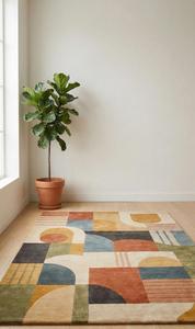 Modern <b>Abstract</b> Block Patchwork Wool Anti-Slip Area Rug Soft Tufted Terracotta Yellow Blue Green Grey Multi Color Living Room - Product Image 2