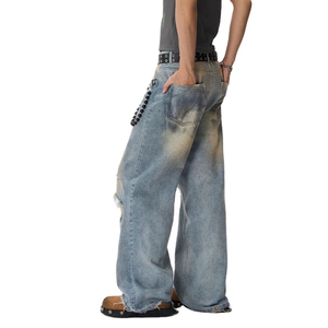 Jeans en denim pour hommes de haute qualité, style rétro, délavé, effet usé, déchiré, coupe droite, vente en gros, logo personnalisé, jeans baggy - Product Image 4