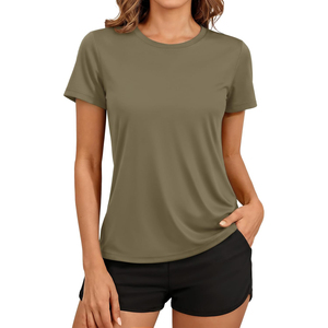Camiseta de Jersey de Manga Corta con Cuello Redondo, Color Rosa Sólido, Corte Regular, Secado Rápido, para Mujer, Ropa Casual de Primavera/Verano, para Gimnasio, ODM - Product Image 5