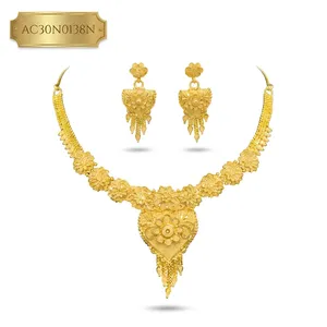 24K Gold Plated Floral <b>Bridal</b> Charm Necklace Set For Women Traditional Nigerian Wedding Jewelry with Matching Earrings - Product Image 2