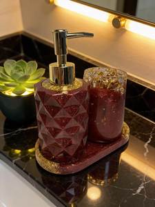 Premium Metallic Accent Resin Bath Set Soap Dispenser <b>Toothbrush</b> <b>Holder</b> Tumbler Tray Rectangle Easy To Clean Bathroom Set - Product Image 5