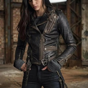 <b>Womens</b> Distressed Black Leather Biker Jacket Vintage Motorcycle <b>Coat</b> - Product Image 3