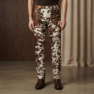 <b>Men's</b> Lightweight Breathable Cow Print Leather <b>Pants</b> High Waist Straight Fit Casual Western Style Trousers Brown <b>White</b> Patterned - Product Image 1