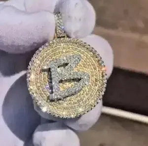 Colgante Redondo Clásico con Letra B Personalizada de Moissanita, Chapado en Oro de 14K sobre Plata de Ley 925, Joyería Hip Hop - Product Image 2