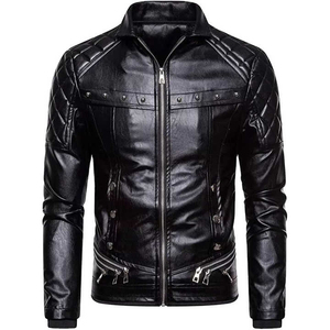 Veste de moto pour homme, noire, coupe slim, épaisse, respirante, en nylon/cachemire, col montant, manteau de motard, hiver - Product Image 1