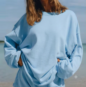 Sudadera de punto oversize para mujer, azul claro, con hombros caídos, manga larga, cuello redondo, color liso, algodón, estilo casual de primavera - Product Image 1