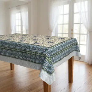 Mantel de Algodón Premium con Estampado Clásico, Diseño Floral Cuadrado, Tejido a Mano, para Uso Doméstico, Borde a Rayas Azul Verde - Product Image 2