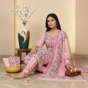 Costume Punjabi floral blanc et rose de qualité supérieure |   Ensemble pyjama en coton fait main avec bordure |   Ensemble de sarong indien professionnel - Product Image 2