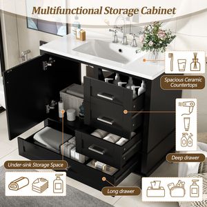 Modern 36\" Black Bathroom Vanity Solid <b>Pine</b> Frame with 1 Soft-Close Door and 3 Drawers Efficient Storage <b>Cabinet</b> - Product Image 6