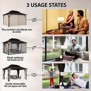 Gazebo Elegante con Tetto Rigido 10FT X 14FT, Doppio Tetto in Acciaio Zincato, Telaio in Alluminio, Permanente per Giardino - Marrone - Product Image 6