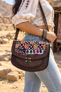 Sac à bandoulière en cuir véritable fait à la main au look banjara pour femmes de créateur avec broderie élégante Sac à main Gypsy multi-usage - Product Image 2