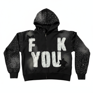 Sudadera con capucha y cremallera para hombre, de corte perfecto, el mejor material, extragrande, con efecto desgastado por el sol, con logo aplicado y pedrería en toda la prenda. - Product Image 2