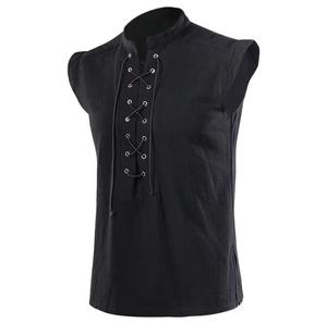 <b>Men's</b> Breathable Cotton Striped Gothic Sleeveless V-neck Lace-Up Front <b>Black</b> Woven <b>Vest</b> - Product Image 1