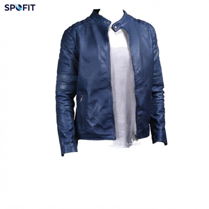 SPOFIT <b>Men's</b> Breathable Genuine <b>Leather</b> Moto <b>Jacket</b> Stand Collar Zipper Closure Color Blocking Design Slim Fit Autumn Wear - Product Image 4