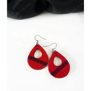 Unique <b>Red</b> Teardrop Wooden Statement Earring Lightweight <b>Jewellery</b> for Birthday Anniversary and Gift At Best Market Price - Product Image 2