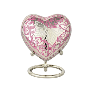 Elegante Urna Conmemorativa en Forma de Corazón Plateada y Dorada con Motivo Floral Grabado a Mano y Base Plateada - Product Image 4