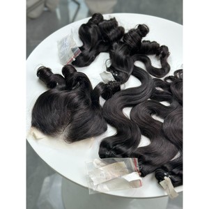 Extensions de cheveux naturels noirs ondulés en trame plate avec closure en dentelle 4x4, double épaisseur, cheveux humains vierges vietnamiens 100g - Product Image 3