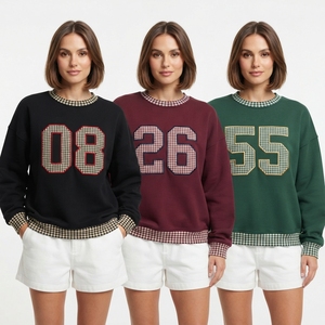 Sweat-shirt décontracté pour femme, coupe ample, couleur bordeaux, avec appliqué numéro 24, poignets à carreaux, col rond, manches longues, vêtements décontractés d'automne - Product Image 5