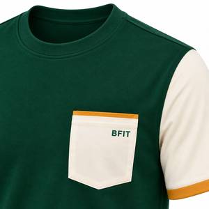 Men's Green Color Blocked <b>T</b>-<b>Shirt</b> <b>With</b> Cream Sleeves And <b>Pocket</b> BFit Logo Regular Fit Casual Jersey Cotton Short Sleeve O-Neck - Product Image 5