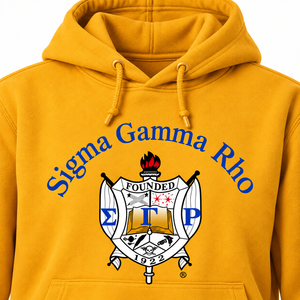Women Golden <b>Yellow</b> Pullover <b>Hoodie</b> with Royal Blue Letter and Multicolor Crest Graphic Design Long Sleeve Hooded Sweatshirt - Product Image 5