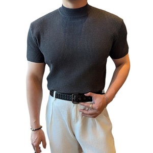 Men's Knitted <b>Turtleneck</b> Short Sleeve Slim Fit Solid Color <b>T</b>-<b>Shirt</b> Breathable Smart Casual Wear - Product Image 1