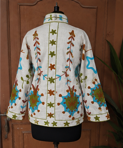 Luxury Handmade <b>star</b> mandala sunburst <b>Jacket</b> Cotton Turquoise Print White Base Hand Embroidered Look Boho Statement Jaipur Women - Product Image 3
