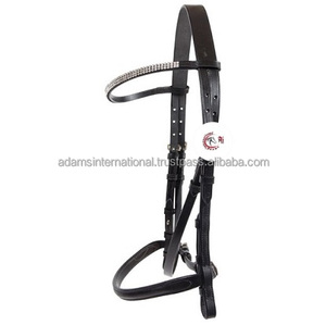 Bride de chasseur en cuir beige avec logo personnalisé pour l'équitation 4 rangées de cristaux blancs sur le muserolle frontal - Product Image 3