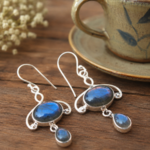 Pendientes de Labradorita Doble Natural en Plata de Ley 925, Hechos a Mano, Estilo Boho, de Lujo, Chapados en Oro Amarillo y Rosa, para Regalo - Product Image 1