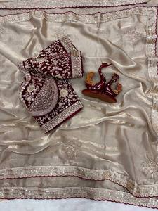 Sari en satin fil d'or, luxueux, brodé de sequins et de velours, élégant, avec des motifs Zari, idéal pour les mariages et les fêtes, infroissable et à séchage rapide - Product Image 4