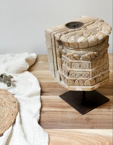 Porte-bougie en bois ancien sur support en fer, sculpté à la main, décoration rustique pour jardin, table, entrée, salon, chambre, salle à manger - Product Image 2