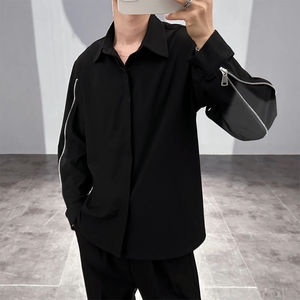 Camisa de estilo coreano con cuello vuelto para hombre, manga larga, color sólido, con botones y cremallera, moda informal, combina con todo, blusa para primavera y otoño - Product Image 3