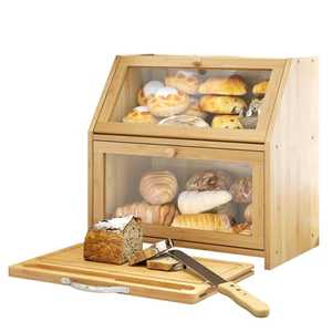 Boîte à pain en bambou à 2 niveaux avec planche à découper et ensemble de couteaux - Conteneur de rangement pour pain en bois de grande capacité pour comptoir - Product Image 1