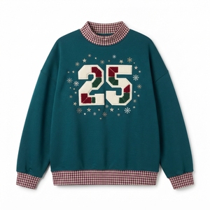 Merry <b>Christmas</b> <b>Sweatshirt</b> Women's Cream Plaid Trim Embroidered Letter Pullover Winter Mock Neck Long Sleeve Knitted Sweater - Product Image 2