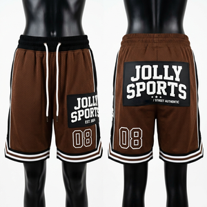 Shorts de basket-ball pour femmes en mesh polyester respirant 180 GSM premium, marron et noir, avec logo brodé sur les côtés. - Product Image 1