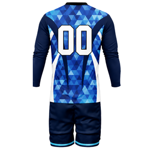 Uniforme de volley-ball sublimé bleu royal et noir pour hommes, maillot à manches longues et short, vêtements de sport respirants pour l'entraînement et la performance - Product Image 3