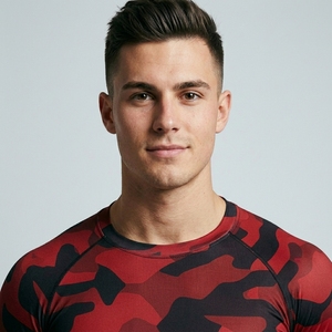 Chemise de compression à manches longues pour homme, col rond, imprimé camouflage rouge, séchage rapide, coupe ajustée, sportive, en polyester tricoté - Product Image 3