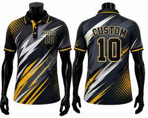 Polo homme à motif géométrique personnalisé, noir, jaune, blanc, manches courtes, sportif, séchage rapide, impression numérique, vêtements d'équipe - Product Image 1