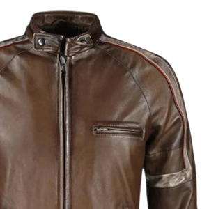 <b>Mens</b> Brown Genuine Leather Streetwear <b>Jacket</b> <b>White</b> Grey Sleeve Stripes Stand Collar Zip Front Chest Pocket Premium OEM Outerwear - Product Image 4