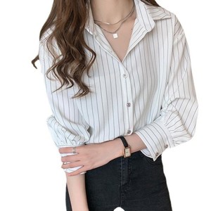Camisa a rayas con botones para mujer, blusa informal clásica con cuello vuelto y manga larga, ropa de oficina para primavera y verano - Product Image 5