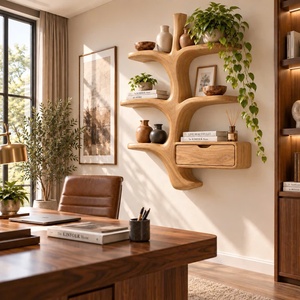 Luxali wooden Contemporary Unique Handmade Wooden <b>Wall</b> Shelf with Multi <b>Shelves</b> and Drawers Bookcase <b>for</b> Home Office Study Room - Product Image 2
