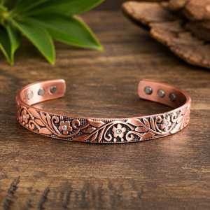 Antique <b>Copper</b> Plated Cuff Bracelet With Flower Pattern And Crystal Inlay Vintage Style Unisex Jewelry Gift men women <b>copper</b> wea - Product Image 1