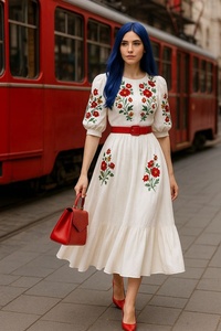 Vestido Midi Blanco con Bordado Floral para Mujer, Tela de Algodón Transpirable de Primera Calidad, Patrones de Rosas Rojas y Mangas Abullonadas Elegantes - Product Image 2