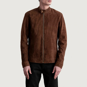<b>Men's</b> Brown <b>Suede</b> Leather <b>Jacket</b> Stand Collar Zipper Closure Moto Biker Style Autumn Wear Slim Fit Regular Length - Product Image 4