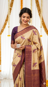 Sari de seda morado y beige con estampado de pavo real, ropa tradicional india para bodas, para mujeres - Product Image 5