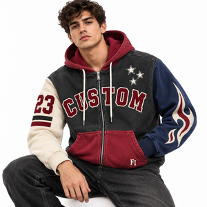 Custom Distressed Washed Color Block <b>Thick</b> Cotton Hoodies <b>Men</b> Screen Printed Oversized Zip up <b>Hoodie</b> - Product Image 1